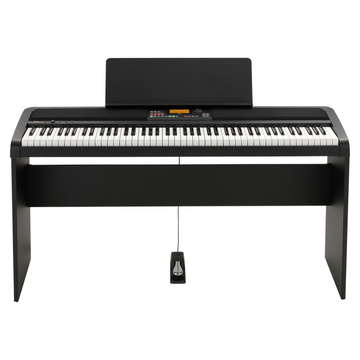 Black digital piano with a bench on a white background