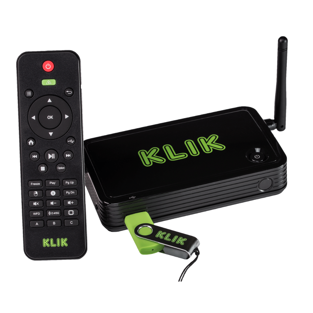 KLIK electronic device with remote control and antenna on a white background