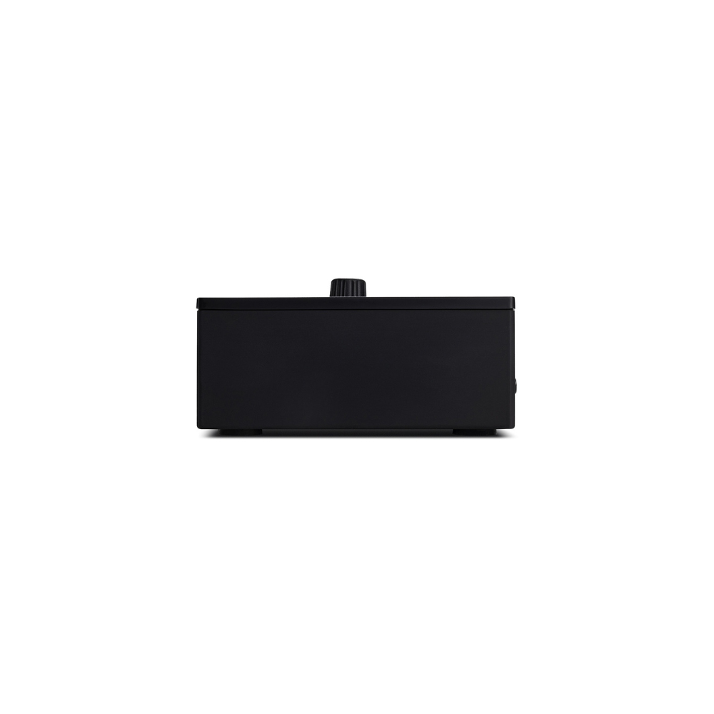 Black rectangular device with a small knob on a white background