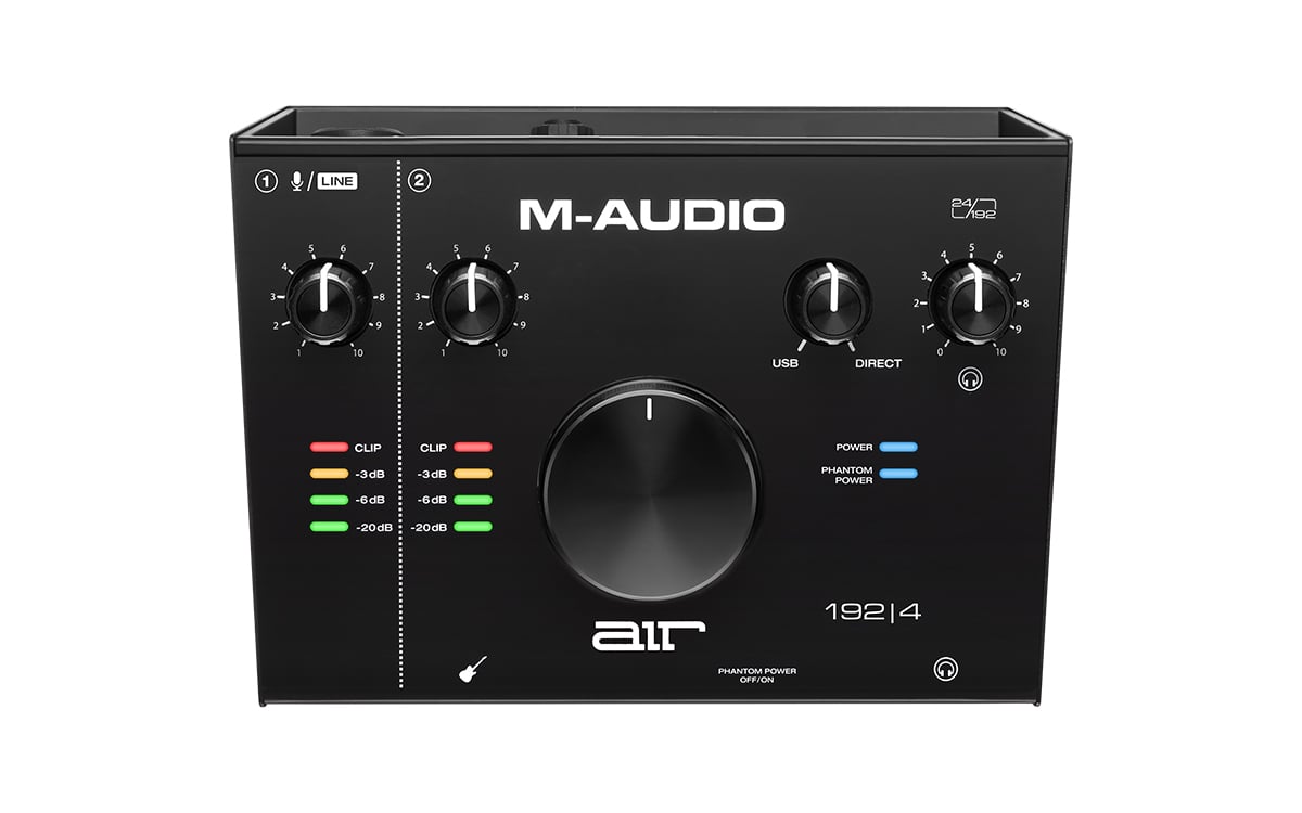 M-Audio audio interface with control knobs and display on a white background