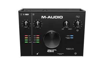 M-Audio audio interface with control knobs and display on a white background