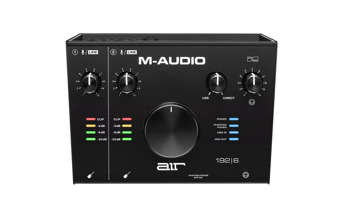 M-Audio audio interface with control knobs and display on a white background