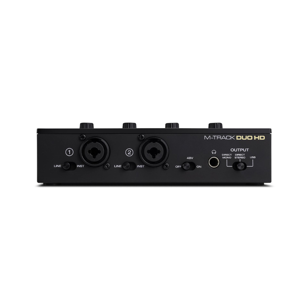 Black audio interface with 'M-Track DUO HD' branding on a white background
