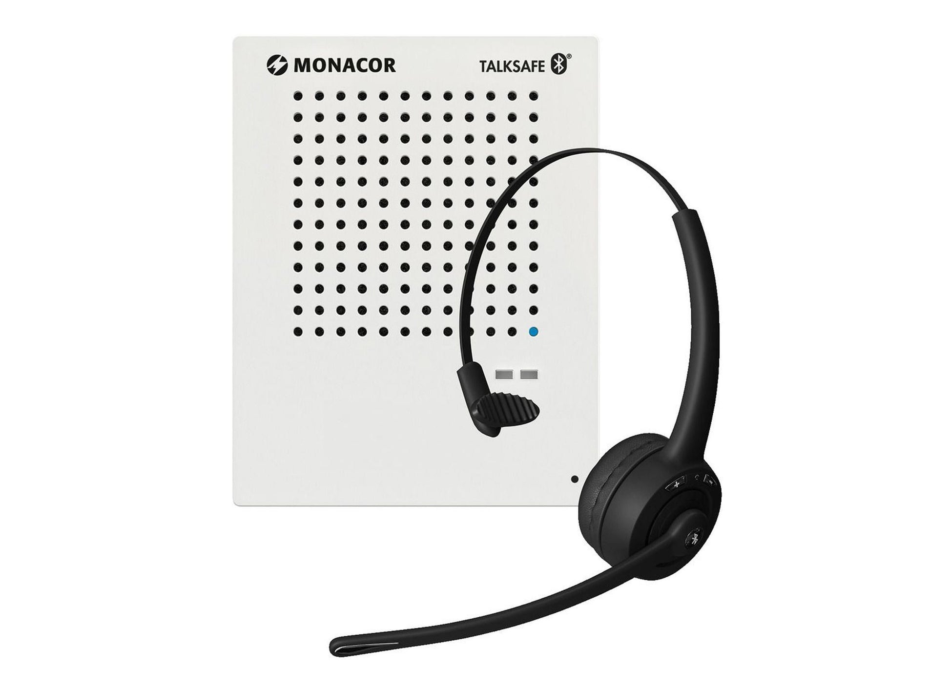 Black headset with Monacor branding on a white background