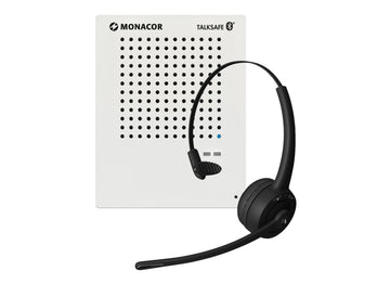 Black headset with Monacor branding on a white background