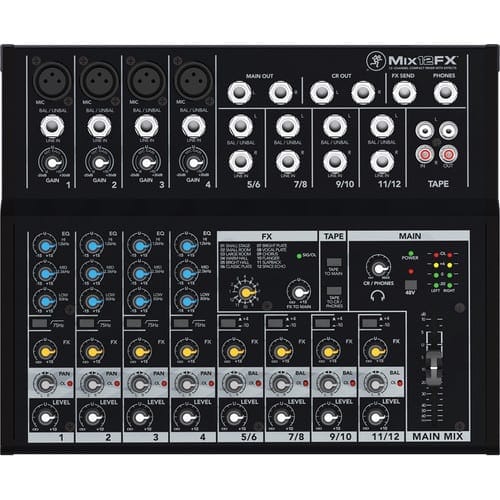 Black audio mixer with various controls and labels on a white background