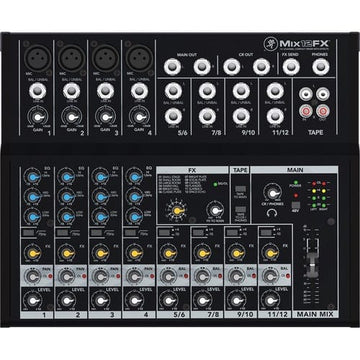 Black audio mixer with various controls and labels on a white background