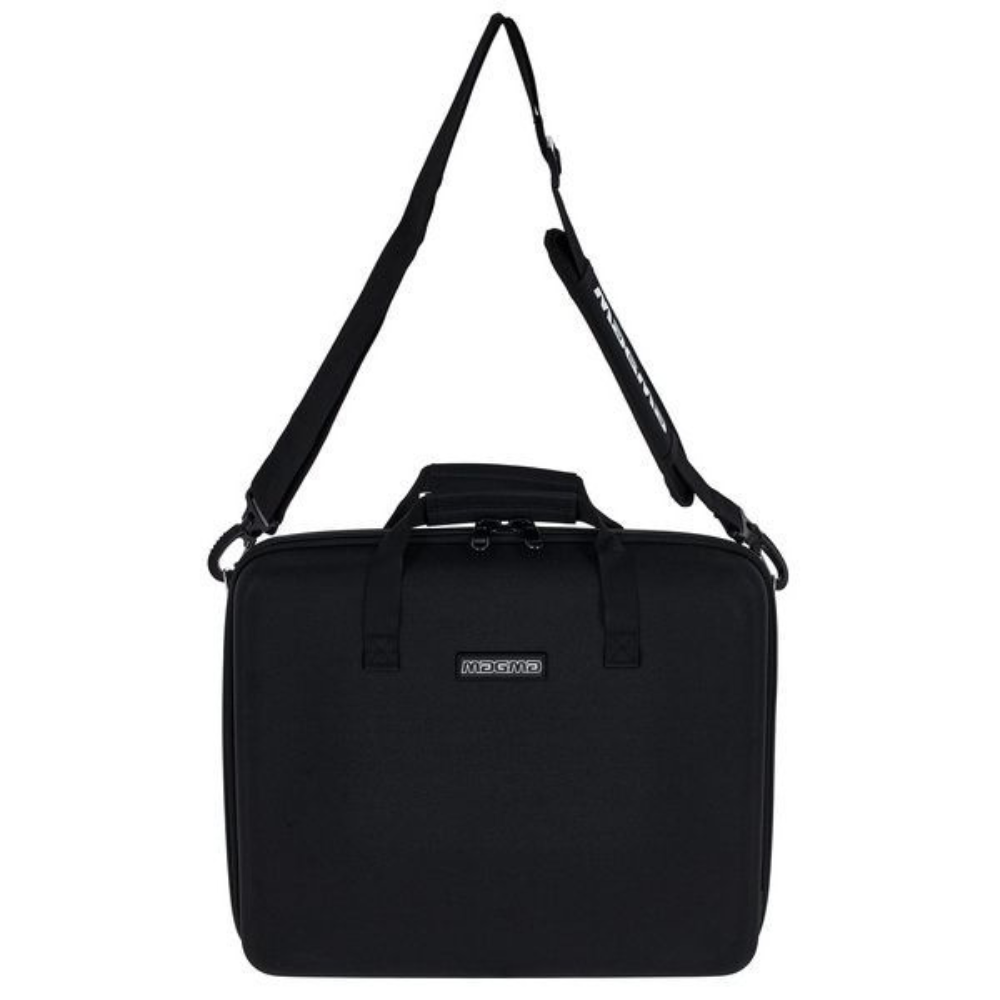 Black carrying case with a strap on a white background