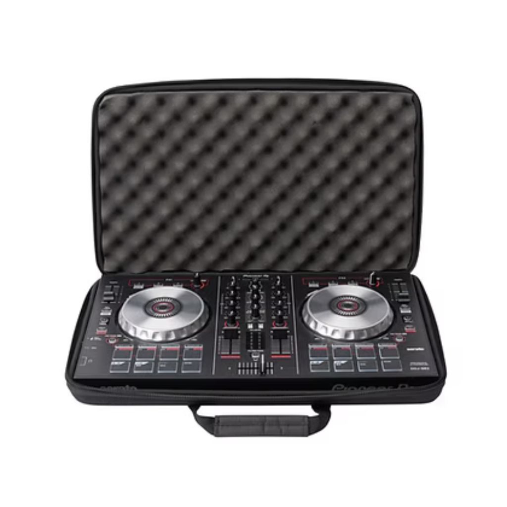 Black DJ controller case with a DJ controller inside on a white background