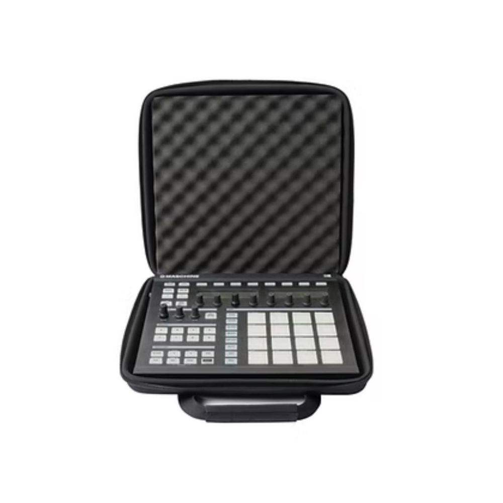 Black electronic device with control panel in a hard-shell case on a white background