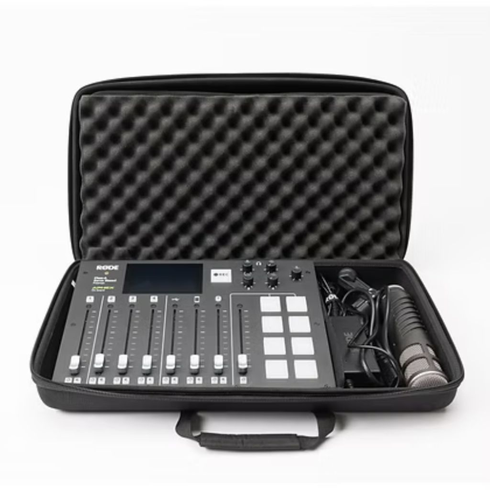 Black carrying case with a digital audio mixing console inside on a white background