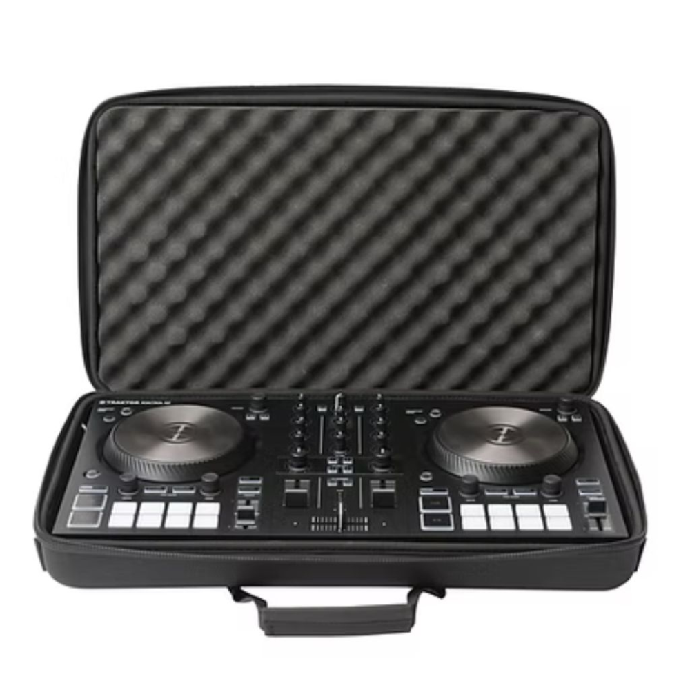 Black DJ controller in a hard-shell case on a white background
