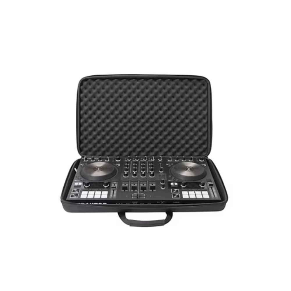 Black DJ controller in a hard-shell case on a white background