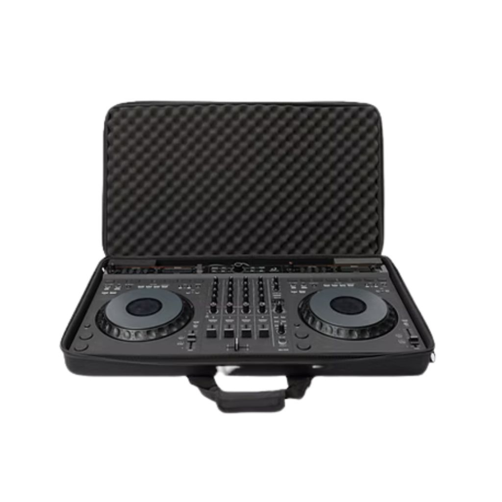 Black DJ controller in a hard-shell case on a white background