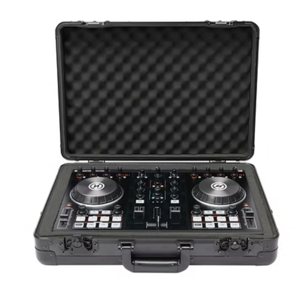 Black DJ controller in a hard-shell case on a white background