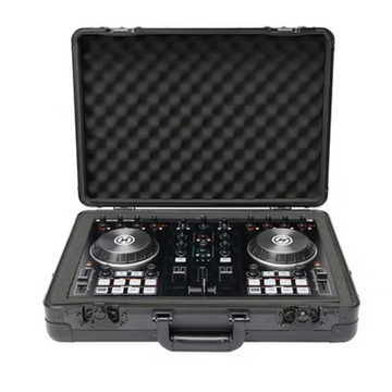 Black DJ controller in a hard-shell case on a white background