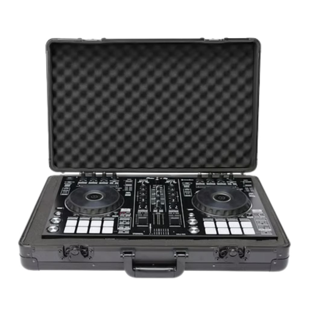 Black DJ controller case with foam interior on a white background
