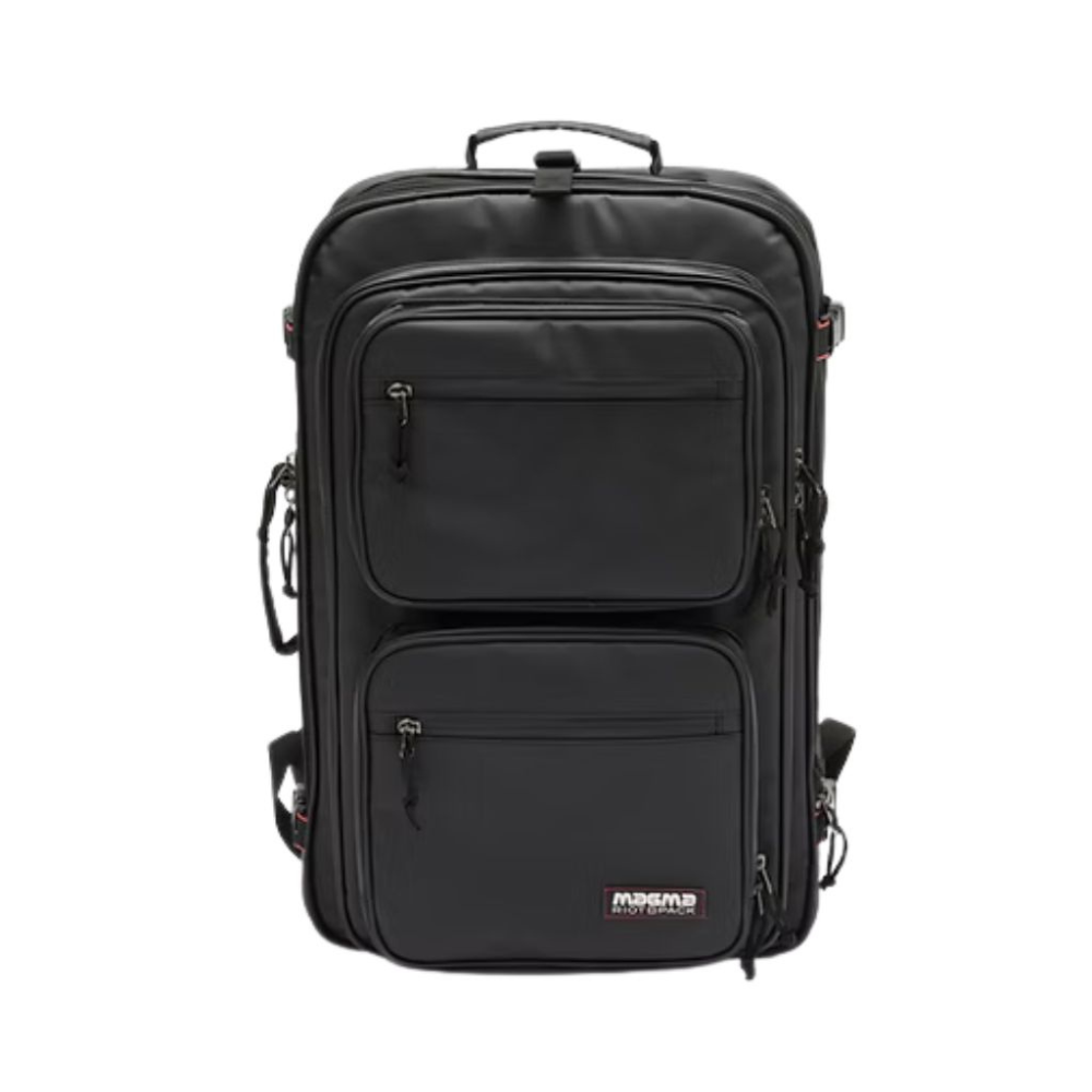 Black backpack with multiple pockets on a white background