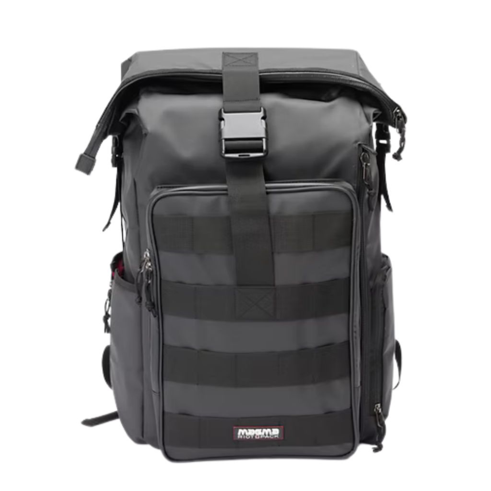 Black backpack with visible brand logo on a white background