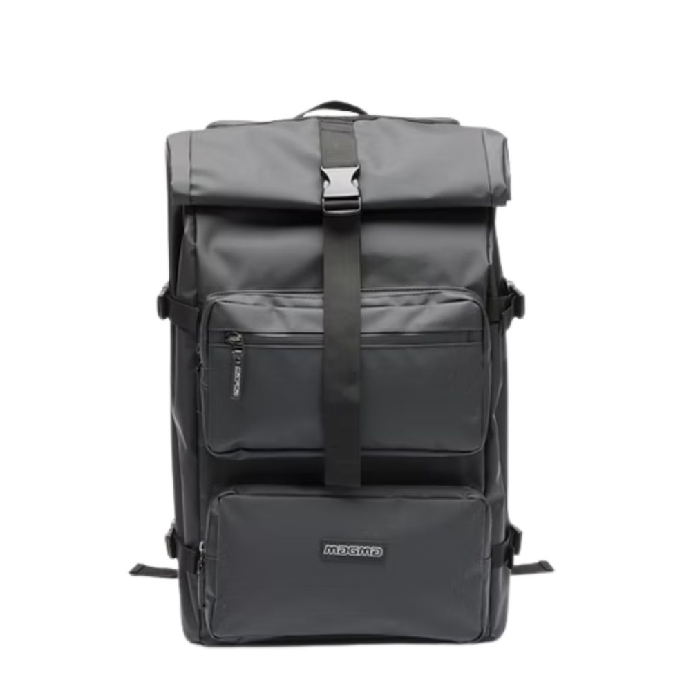 Gray backpack with a visible brand logo on a white background