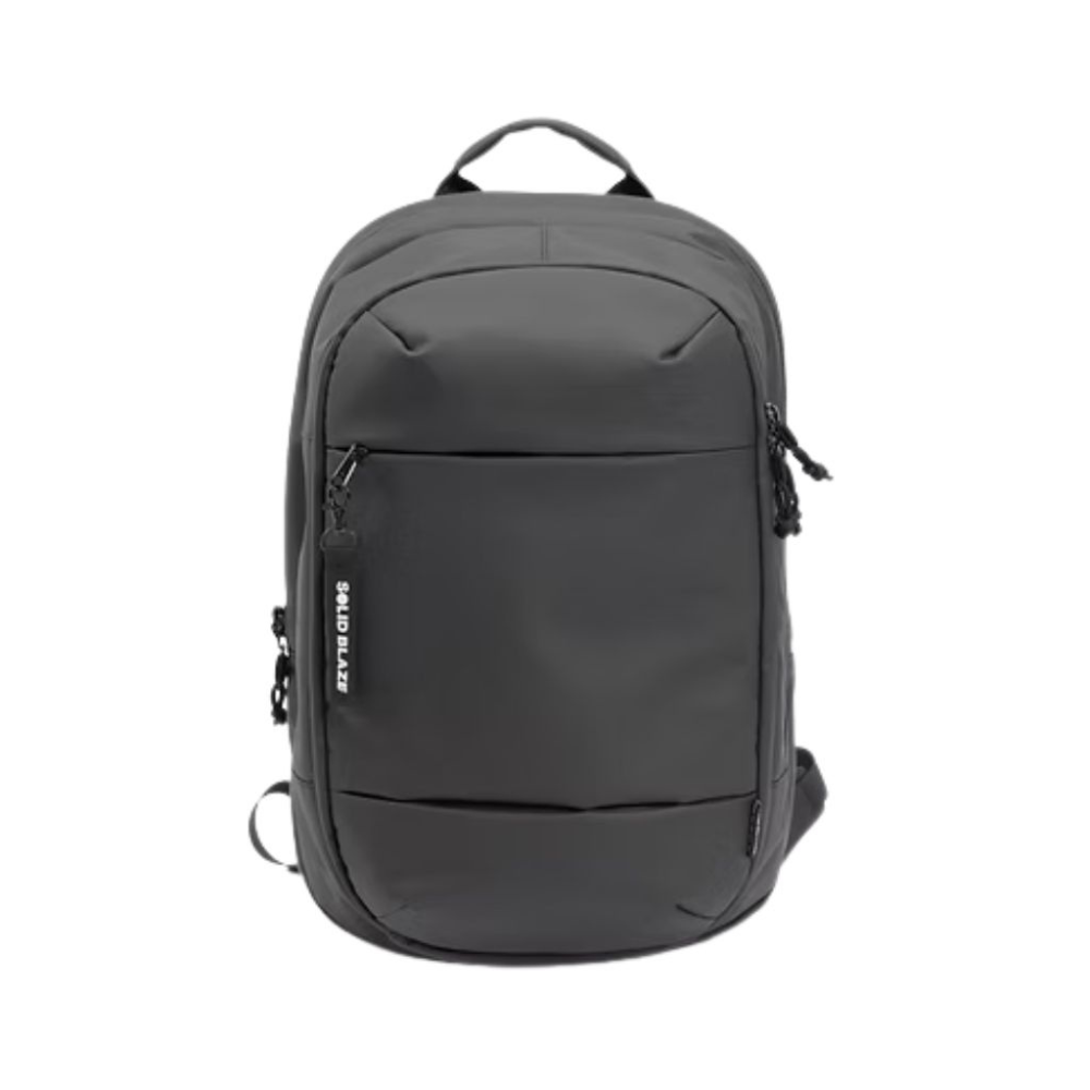 Gray backpack with a visible brand logo on a white background