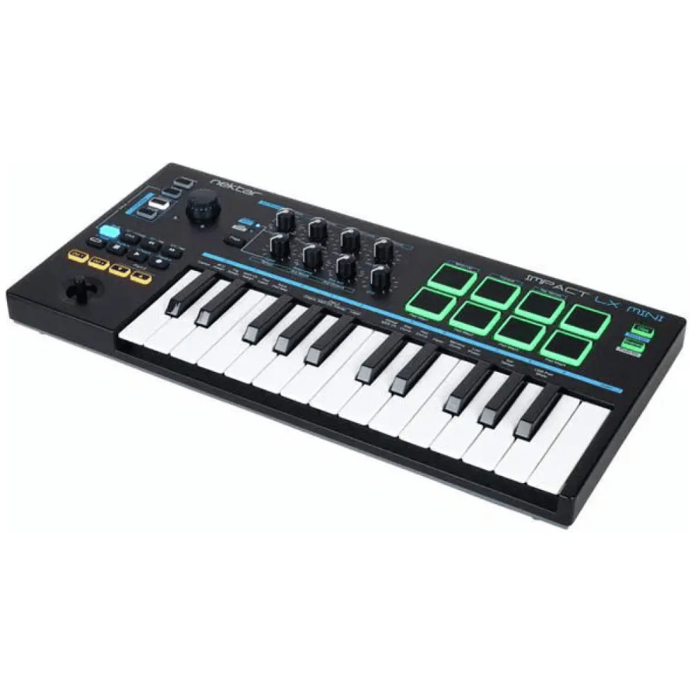 Music keyboard controller with keys and display on a white background