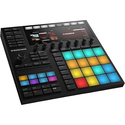 Music production controller with colorful pads on a white background