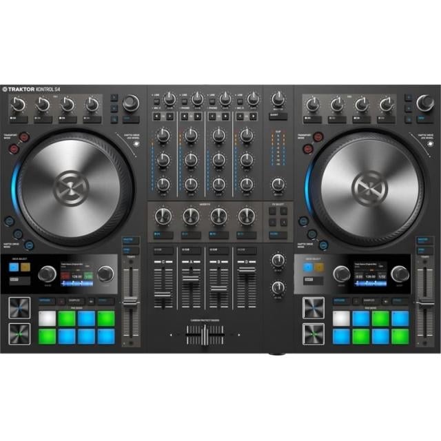 DJ controller with two large silver knobs and control panels on a white background