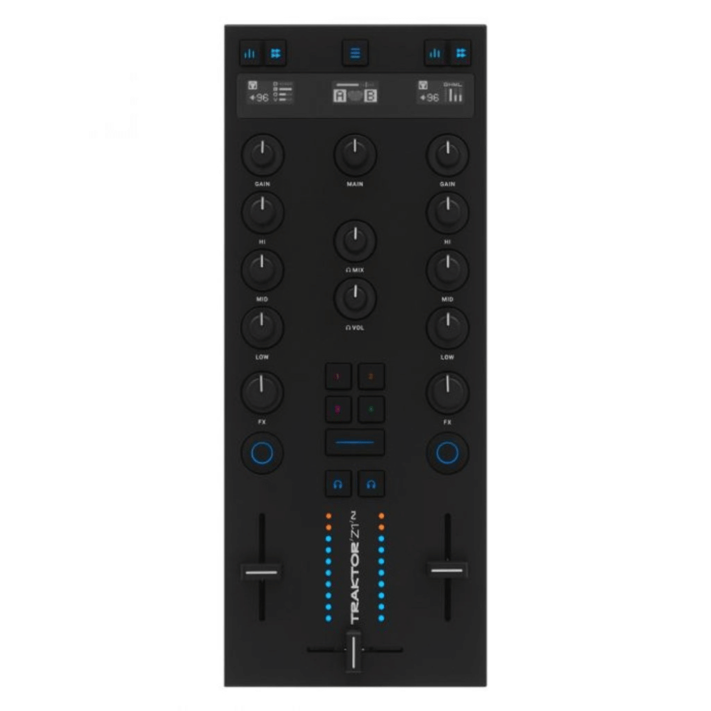 Black DJ controller with buttons and display on a white background