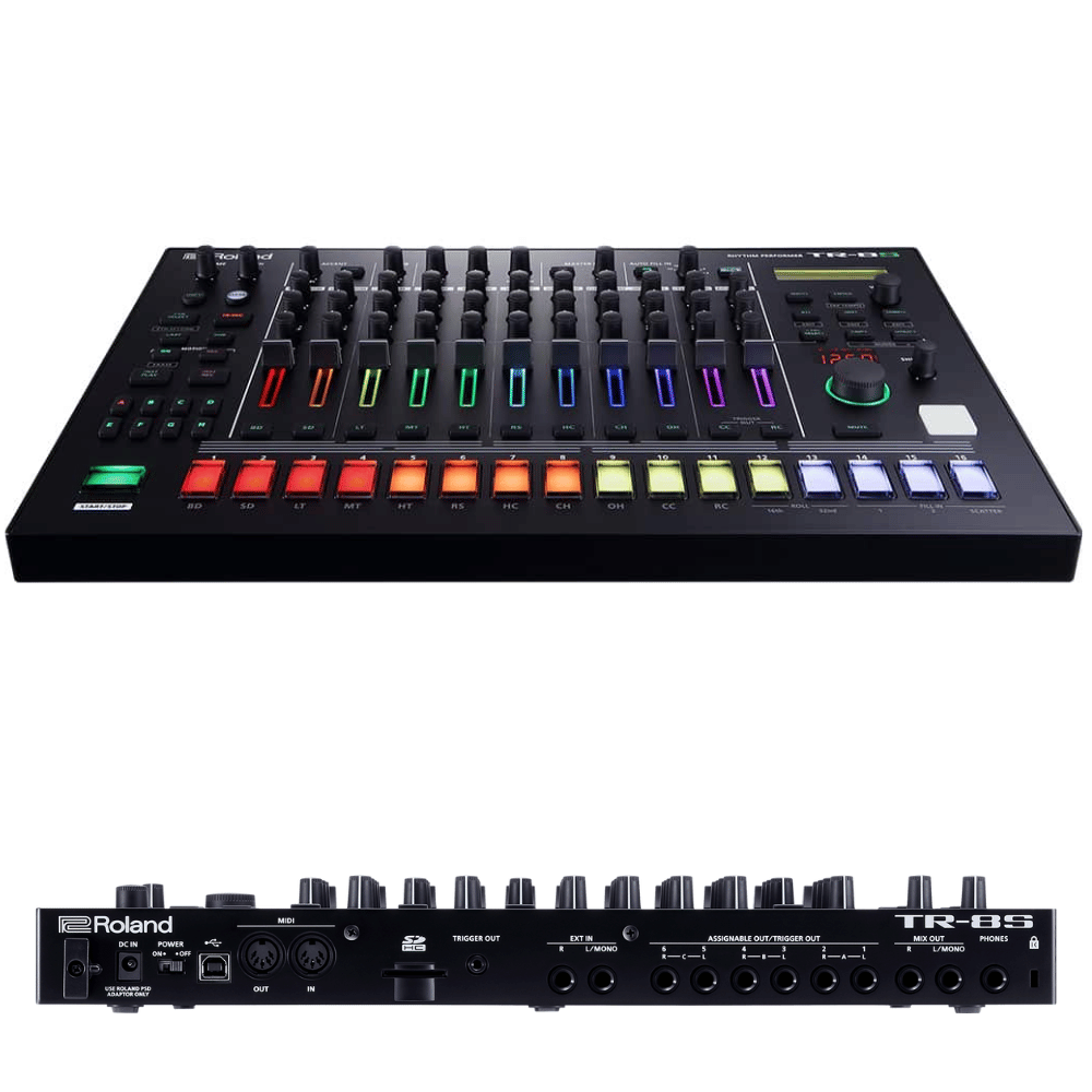 Roland music mixer with colorful LED indicators on a white background