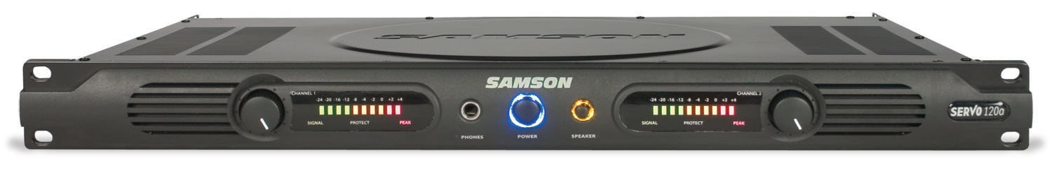 Samson audio equipment with multiple inputs and outputs on a black background