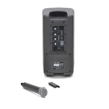 Black portable speaker with a microphone on a white background