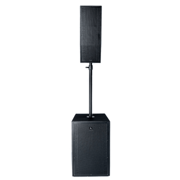 Black speaker system with stand on a white background