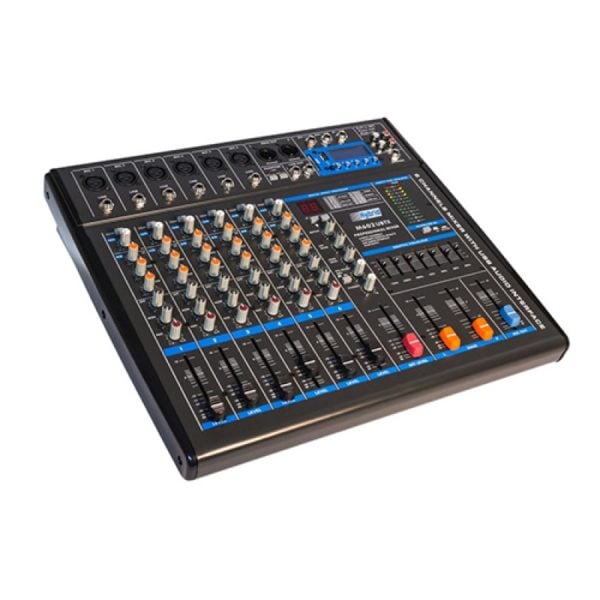 Sound mixing console with various controls on a white background