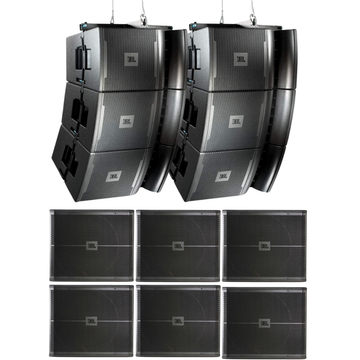Set of JBL speakers including two large speakers and six subwoofers on a white background