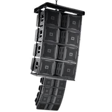 Stack of black audio speakers on a white background