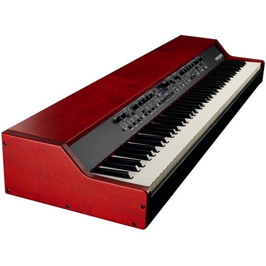 Red keyboard with black keys on a white background