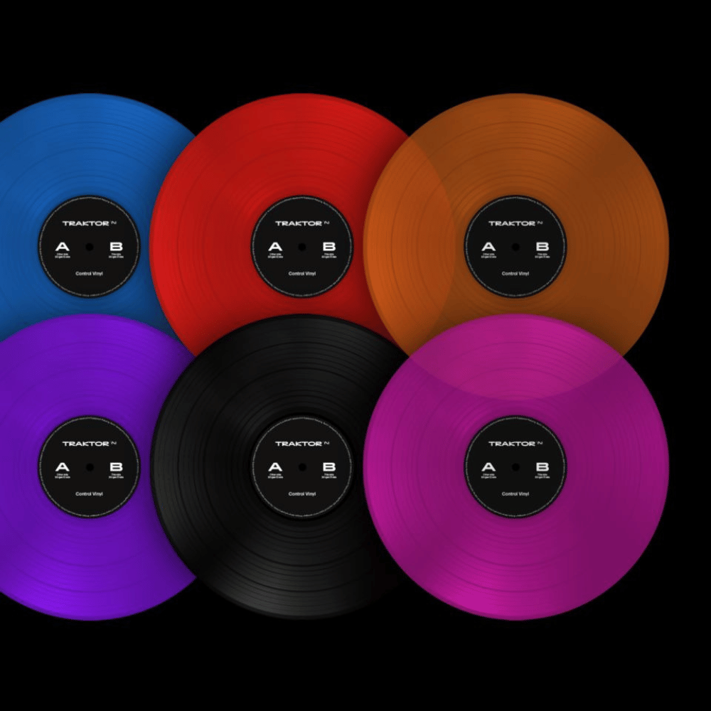 Set of six vinyl records in different colors with visible brand logo on a black background