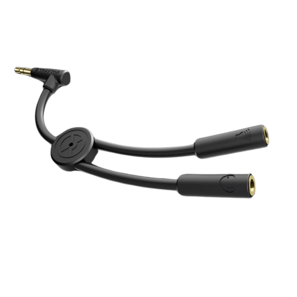 Black audio cable with dual connector on a white background