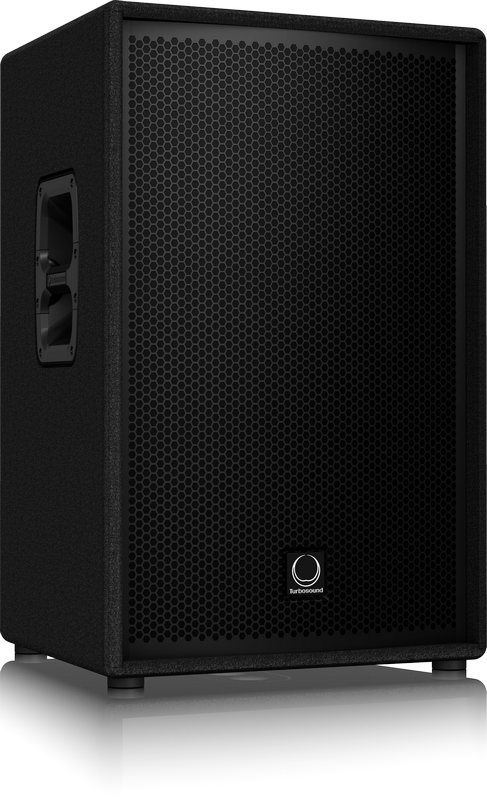 Black speaker with a brand logo on a white background