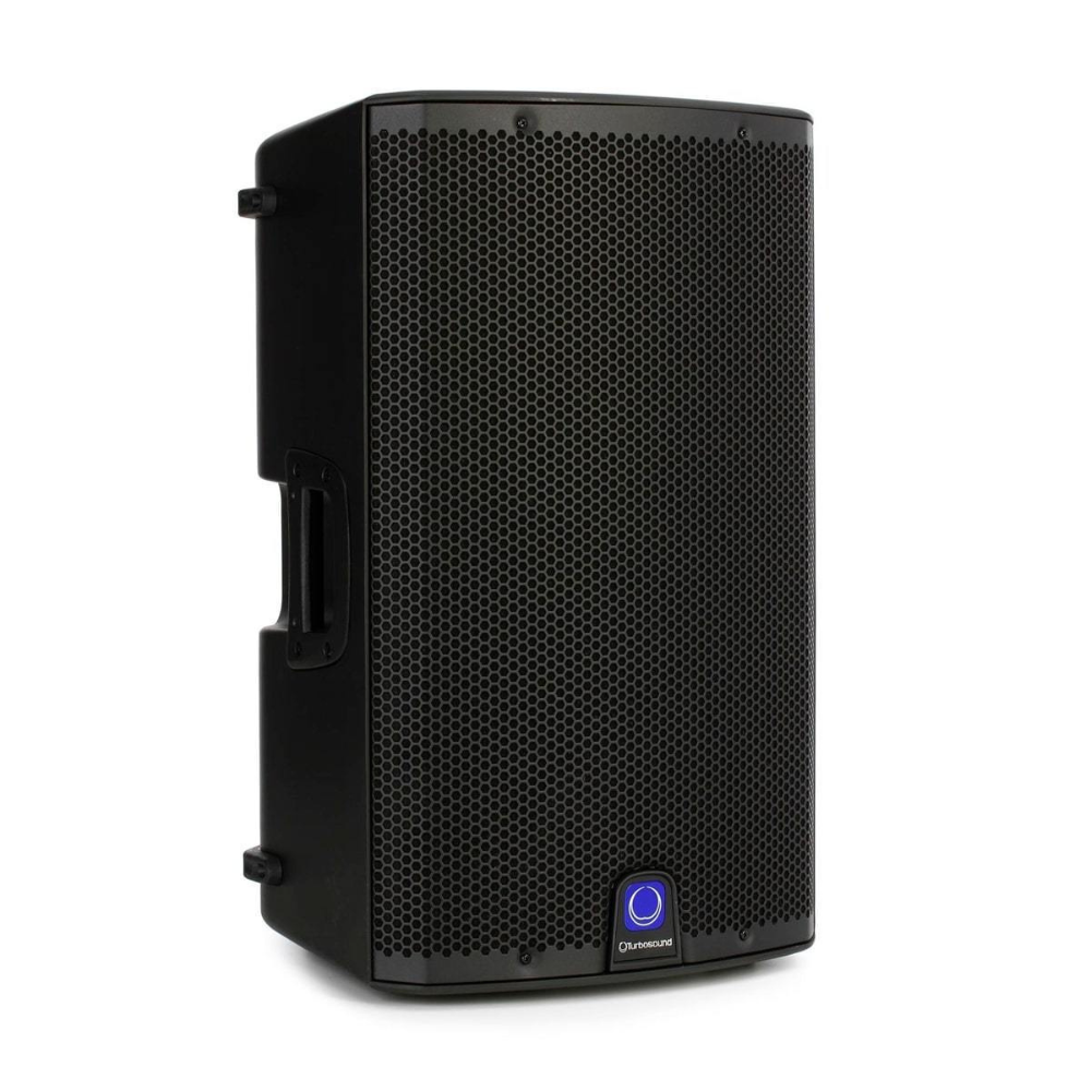 Black speaker with a brand logo on a white background