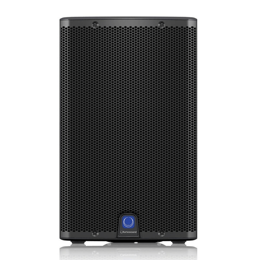 Black speaker with a brand logo on a white background