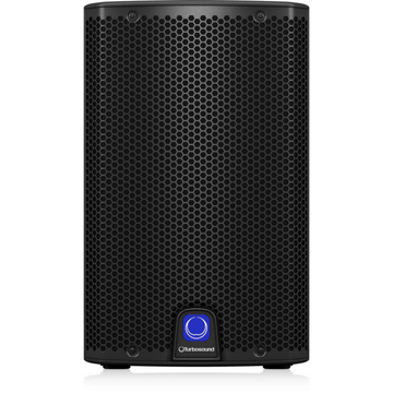 Black speaker with a brand logo on a white background
