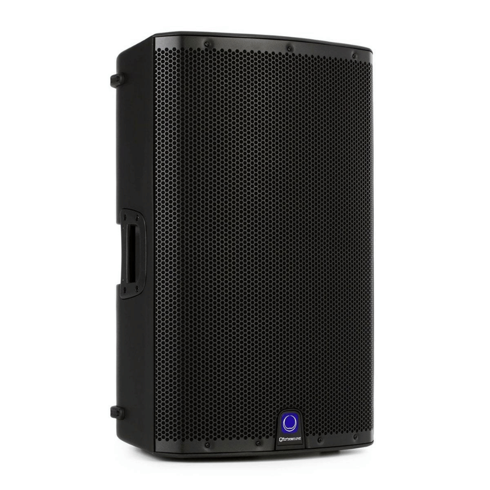 Black speaker with a blue logo on a white background