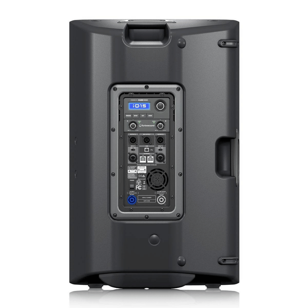 Black speaker with control panel on a white background