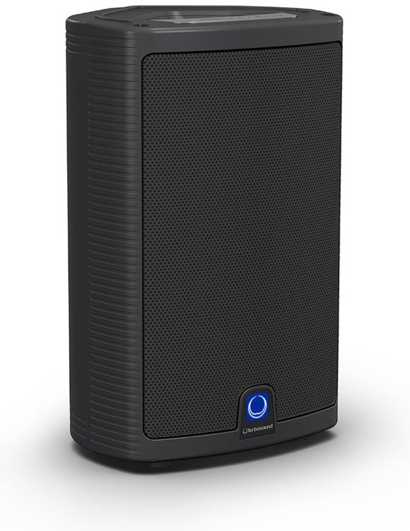 Black speaker with a blue logo on a white background