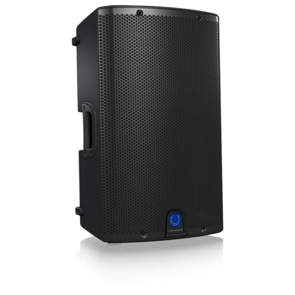 Black speaker with blue label on a white background