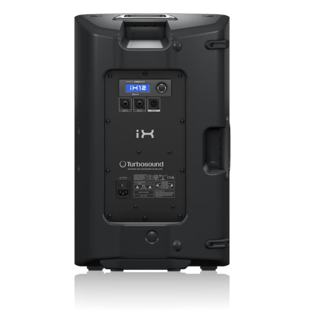 Black speaker with digital display and brand logo on a white background