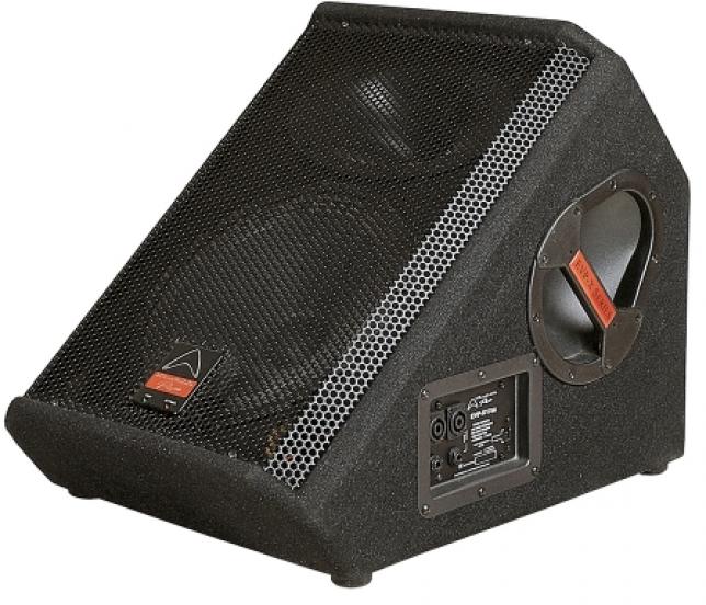 Black speaker with visible brand logo on a white background