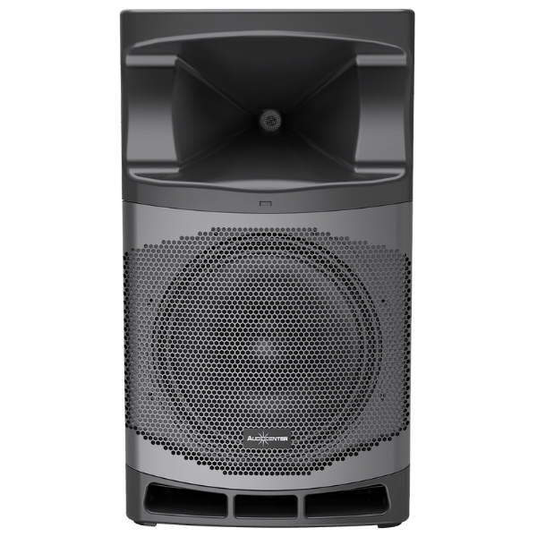Black speaker with visible brand logo on a white background